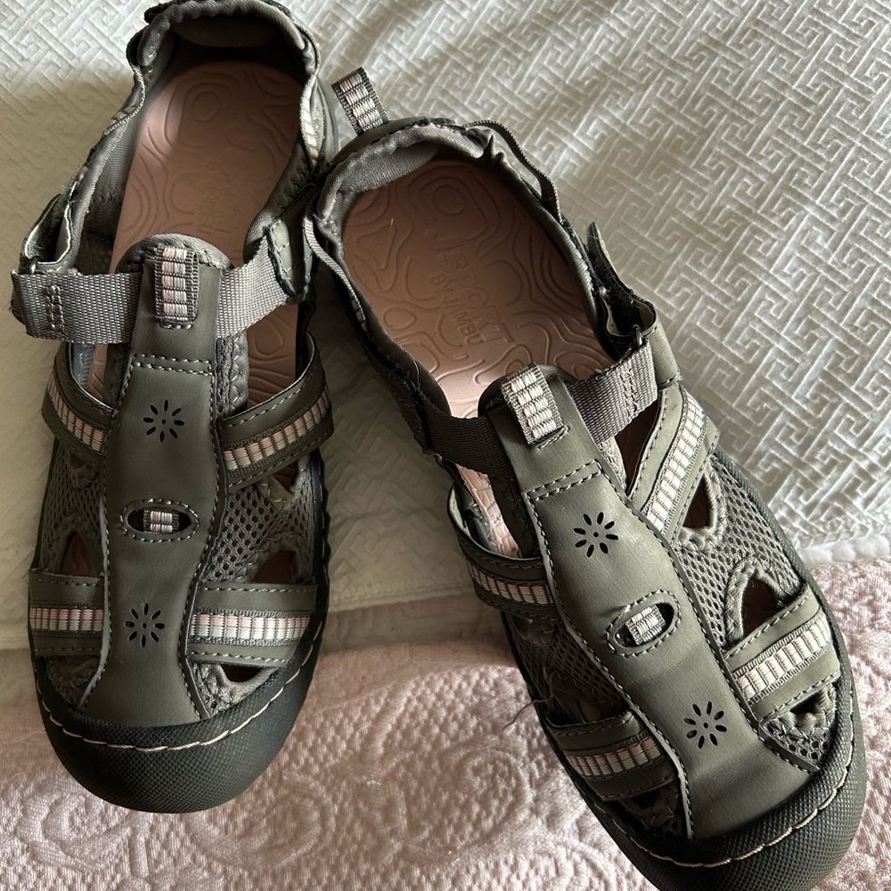 Jambu JSport 8 Regatta flat Athletic Sandal Gray bl/pink Velcro close rubber sl